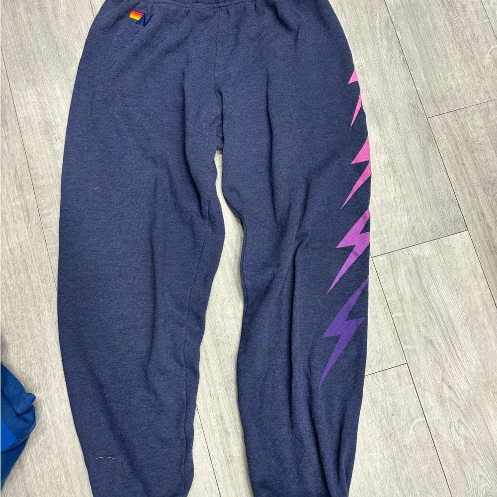 Aviator Nation Blue Joggers with Pink and Purple Lightning Bolt